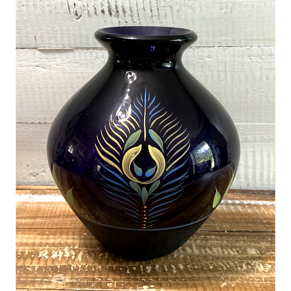 Vintage Fenton Glass Purple Vase Painted Peacock Feather K. Brightbill 7.75" - Picture 8 of 12